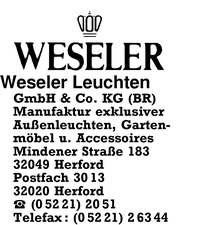 Firma Weseler Leuchten GmbH & Co. KG in Herford - Branche(n): Beleuchtung  Beleuchtungskörper Gartenmöbel