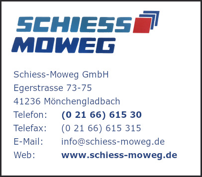Firma Schiess-Moweg GmbH in Mönchengladbach - Branche(n):  Bearbeitungszentren Bohrmaschinen CNC-Werkzeugmaschinen Rundschleifmaschinen